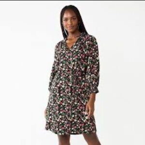 Draper James RSVP Elbow Sleeve Floral Dress Size XL Black Tie Waist NEW